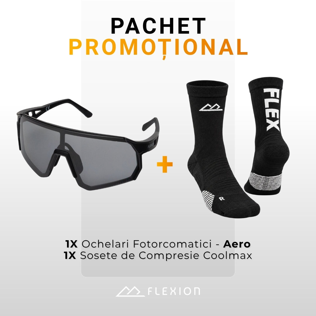 Pachet Flexion: ochelari fotocromatici Aero + șosete de compresie FLEX Negru & Alb