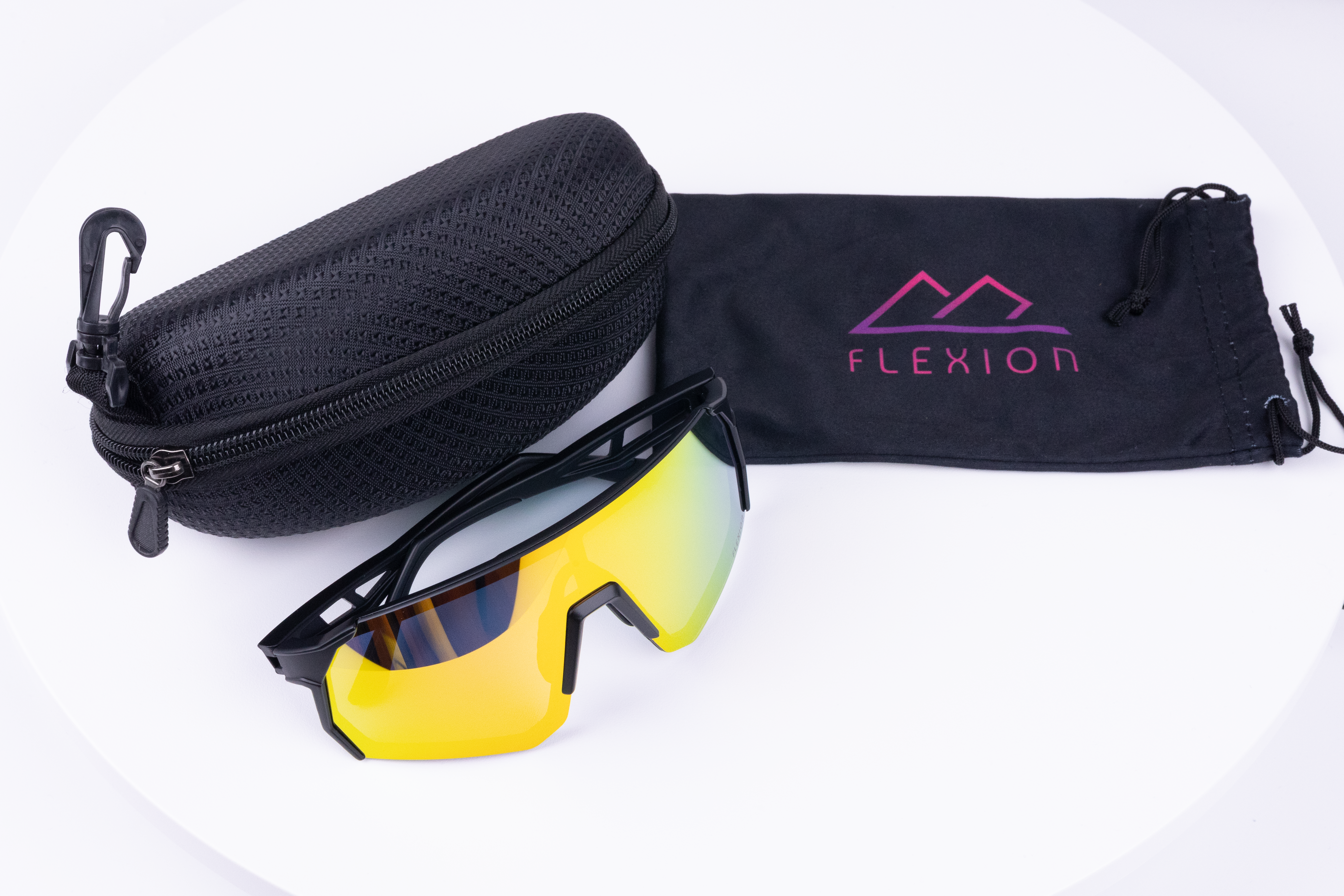 Ochelari sport Flexion cu husa de protectie si saculet, cu lentilă oglindă roz-galben și protecție UV400