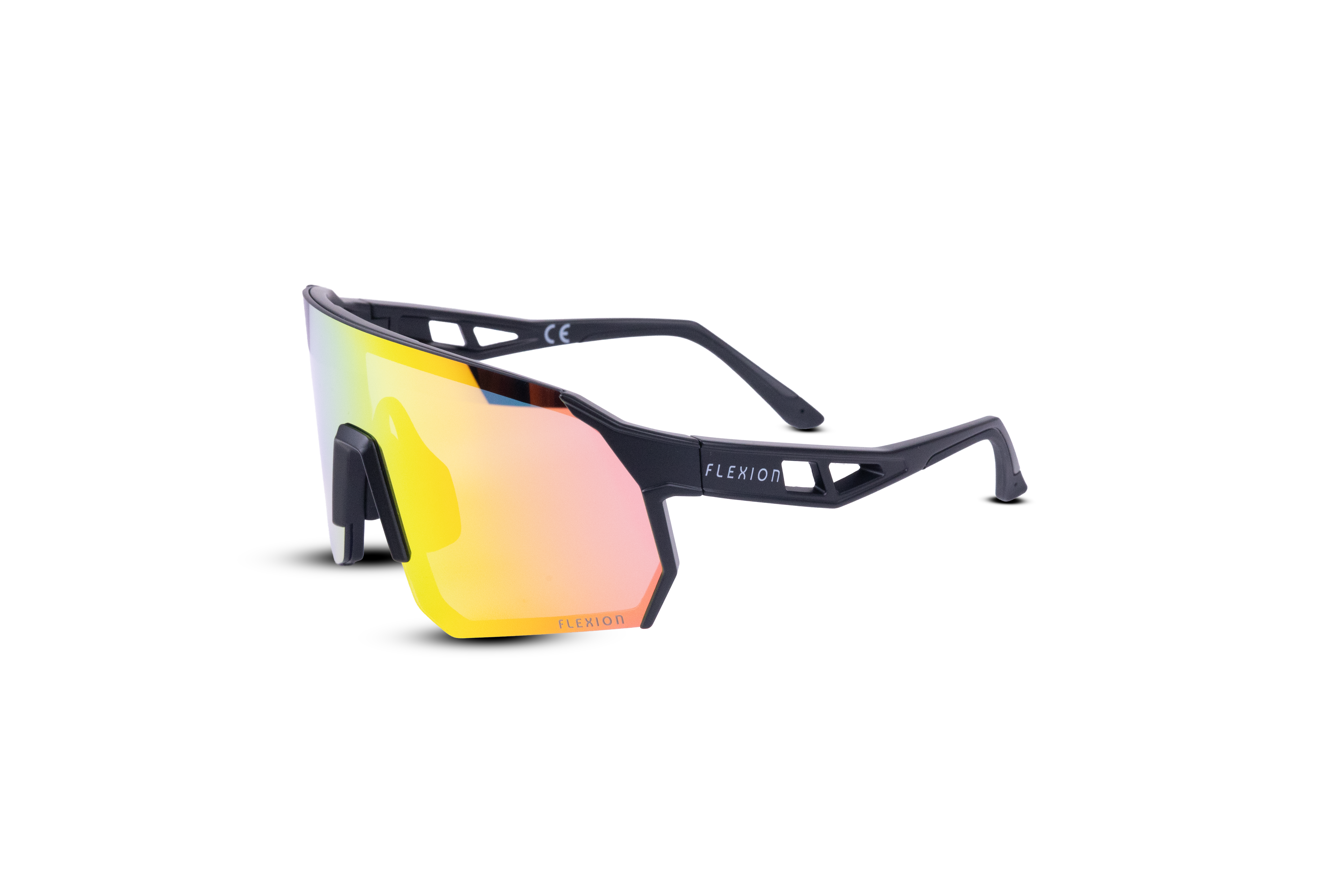 Ochelari sport Flexion, vedere laterala dreapta, cu lentilă oglindă roz-galben și protecție UV400