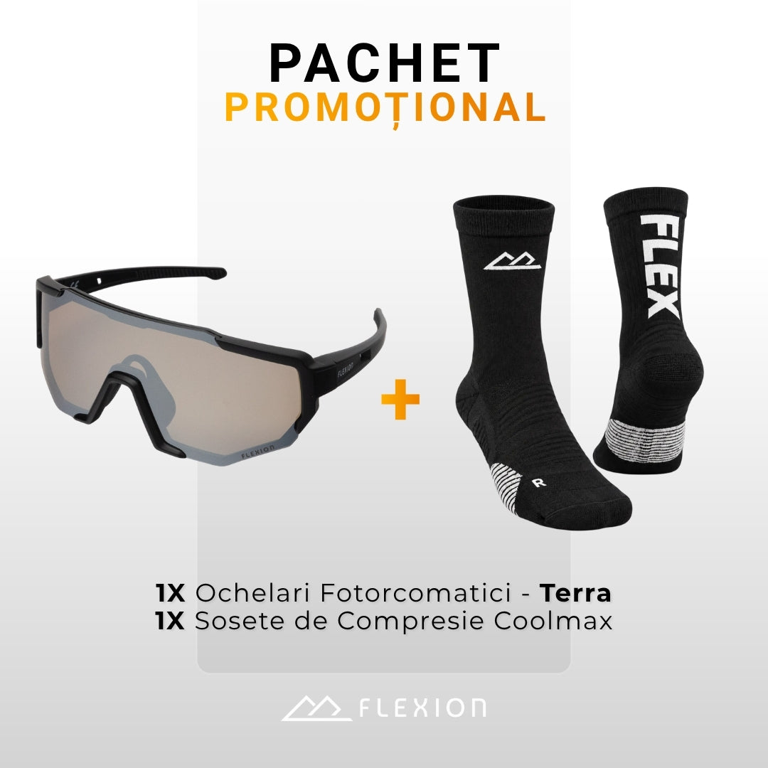 Pachet Flexion: ochelari fotocromatici Terra + șosete de compresie FLEX Negru & Alb