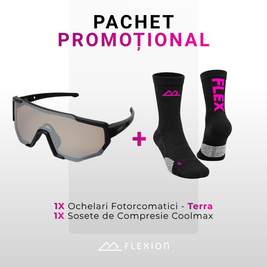 Pachet Flexion: ochelari fotocromatici Terra + șosete de compresie FLEX Negru & Roz